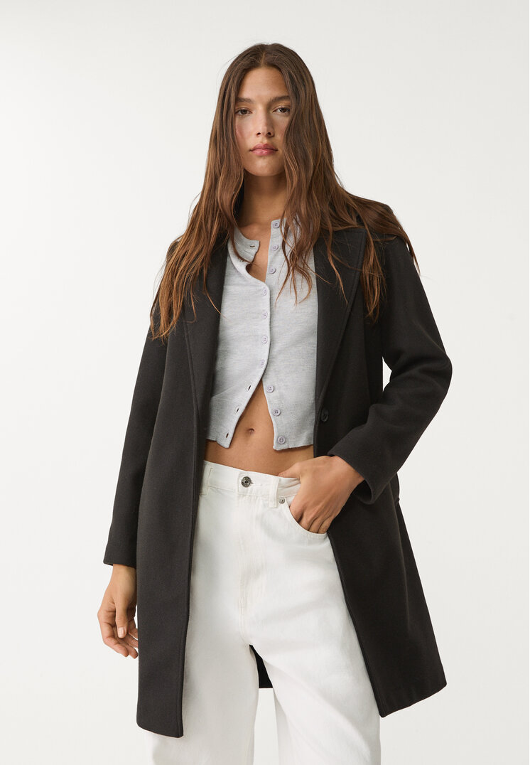 Stradivarius Palton Midi Moale La Atingere Cu Nasture Negru L