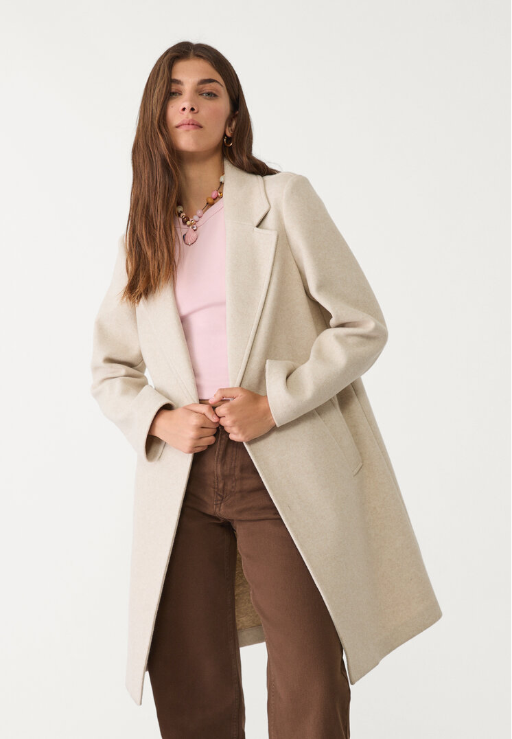 Stradivarius Palton Midi Moale La Atingere Cu Nasture Ecru L