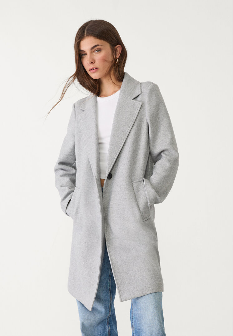 Stradivarius Palton Midi Moale La Atingere Cu Nasture Gris Amestec S