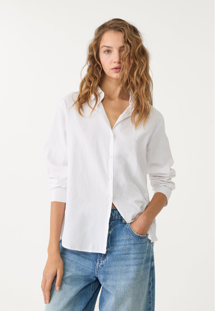 Stradivarius Cămașă Din Poplin Simplă Alb L