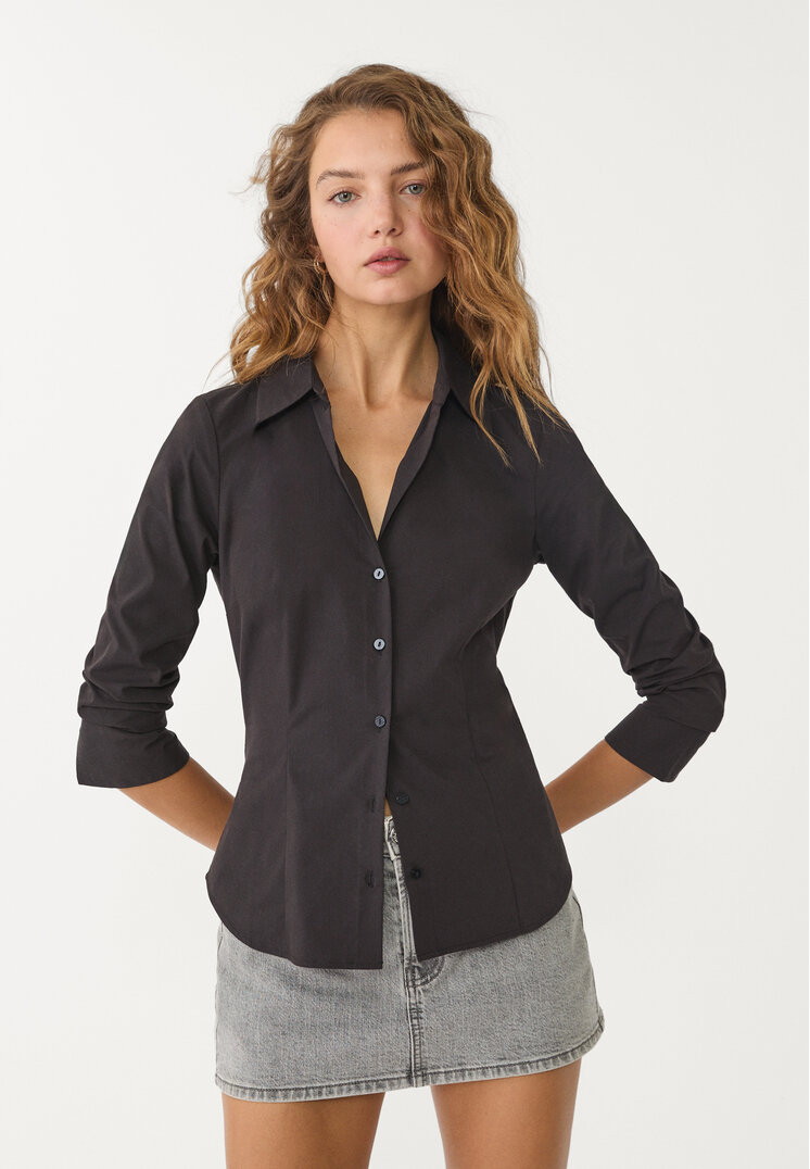 Stradivarius Cămașă Simplă Fitted Negru S