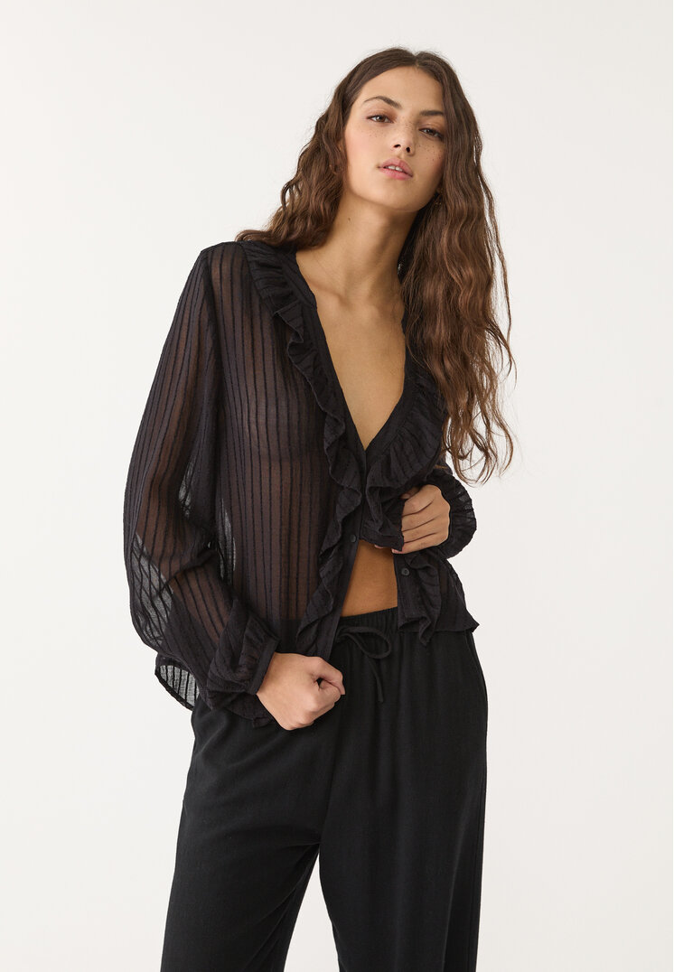 Stradivarius Cămașă Vaporoasă Cu Volane Negru S