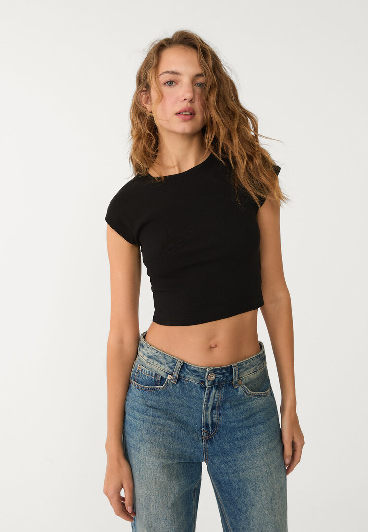Stradivarius Tricou Cu Mânecă Scurtă Negru Xs