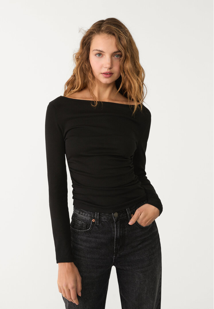 Stradivarius Tricou Încrețit Mânecă Lungă Negru L