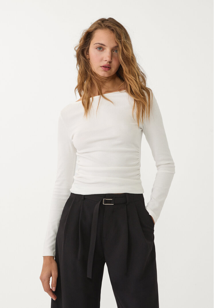 Stradivarius Tricou Încrețit Mânecă Lungă Ecru Xl