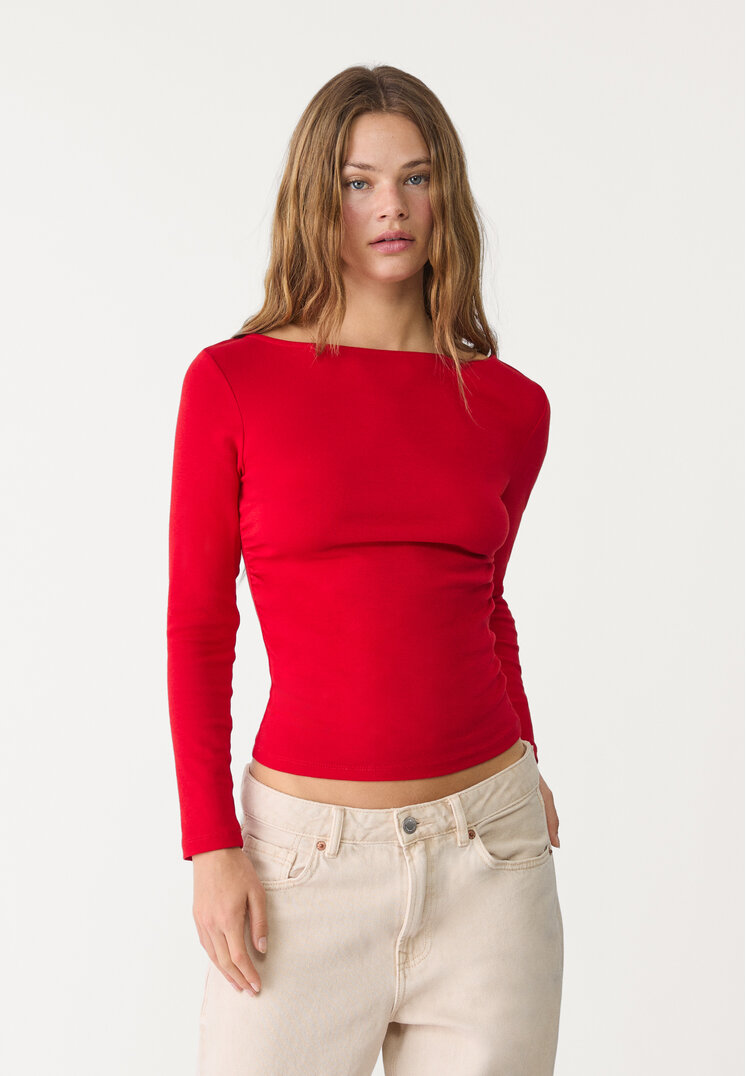 Stradivarius Tricou Încrețit Mânecă Lungă Roșu Xs