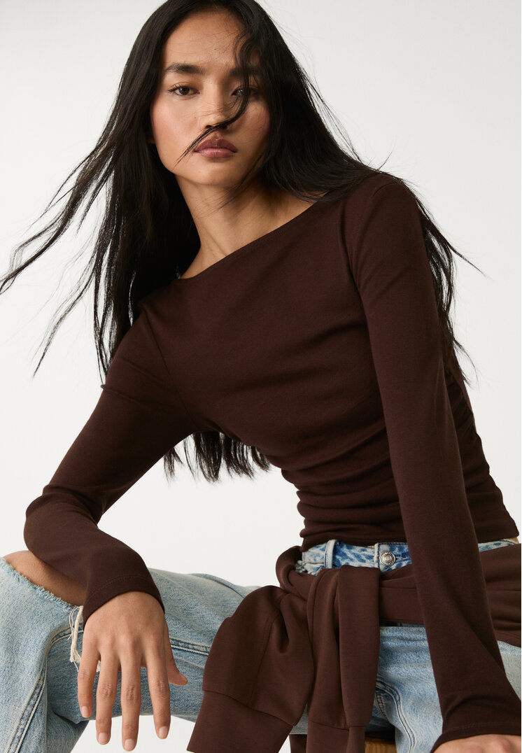 Stradivarius Tricou Încrețit Mânecă Lungă Maro Xs