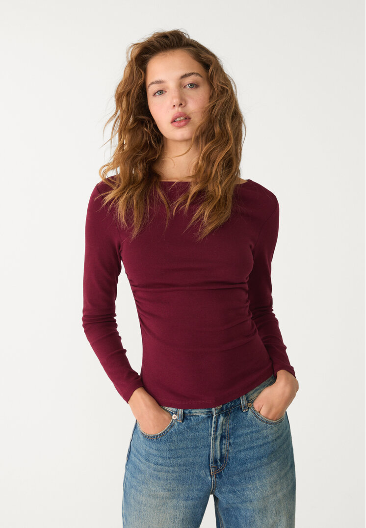 Stradivarius Tricou Încrețit Mânecă Lungă Mov S