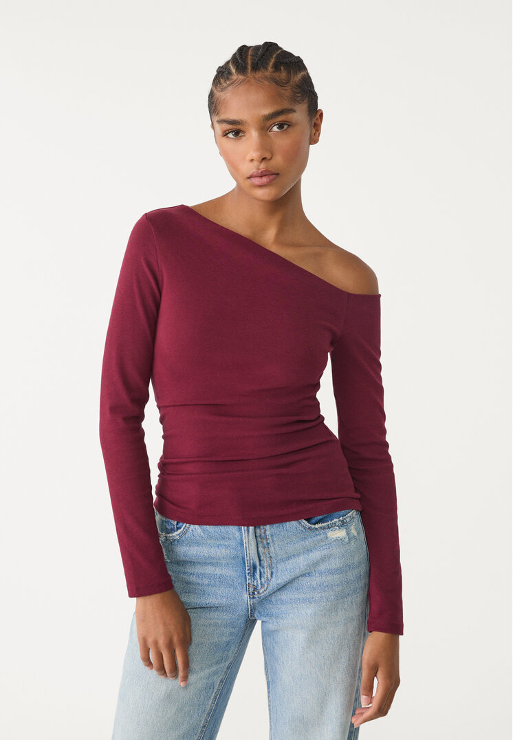 Stradivarius Tricou Cu Decolteu Asimetric Mov M