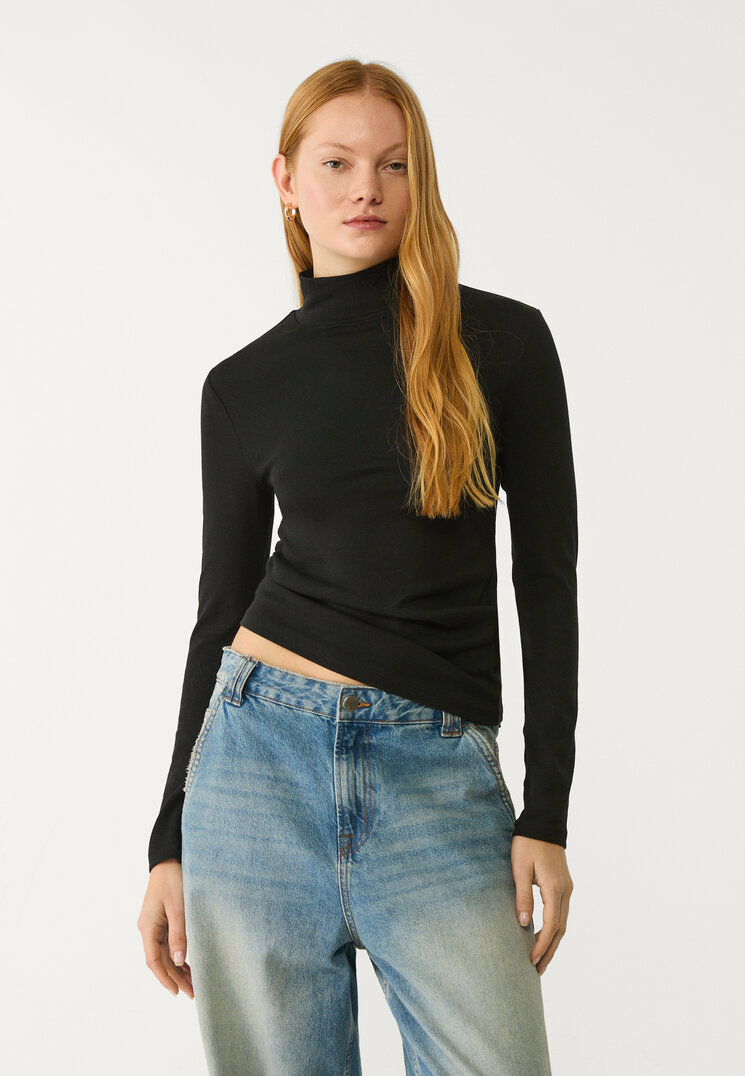 Stradivarius Tricou Cu Guler Înalt Negru Xl