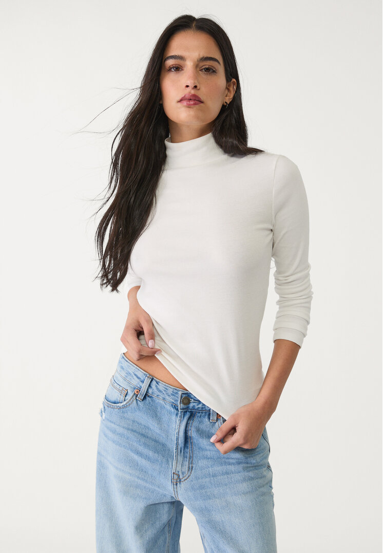 Stradivarius Tricou Cu Guler Înalt Ecru S