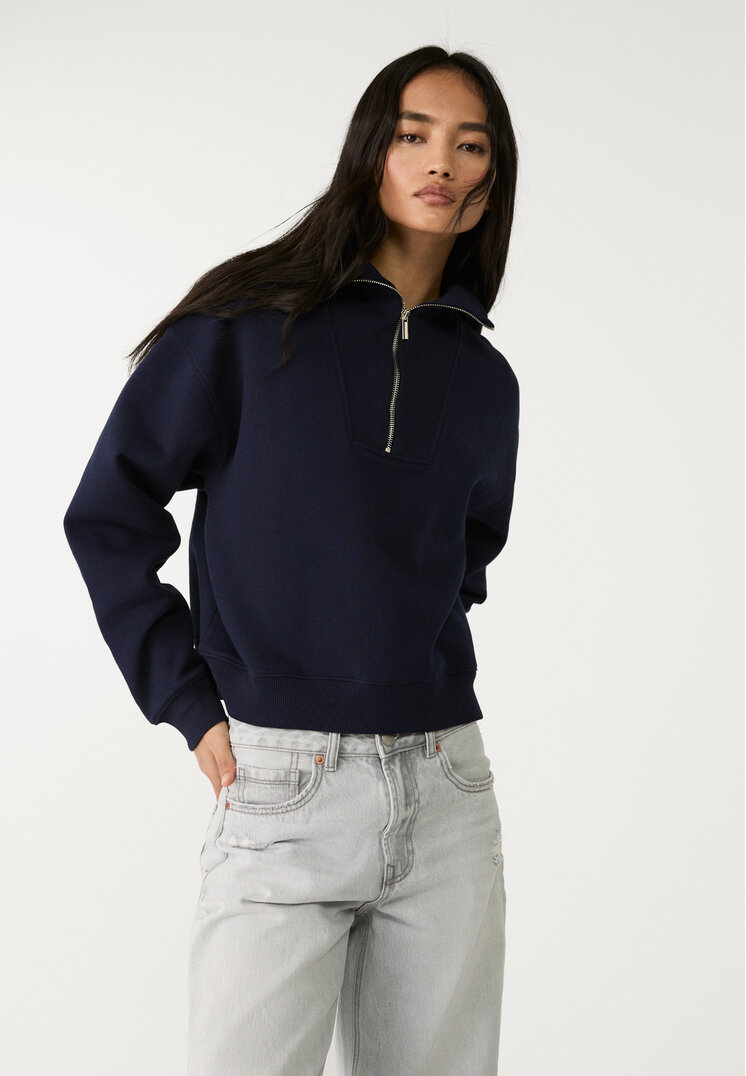 Stradivarius Hanorac Guler Înalt Fermoar Bleumarin S