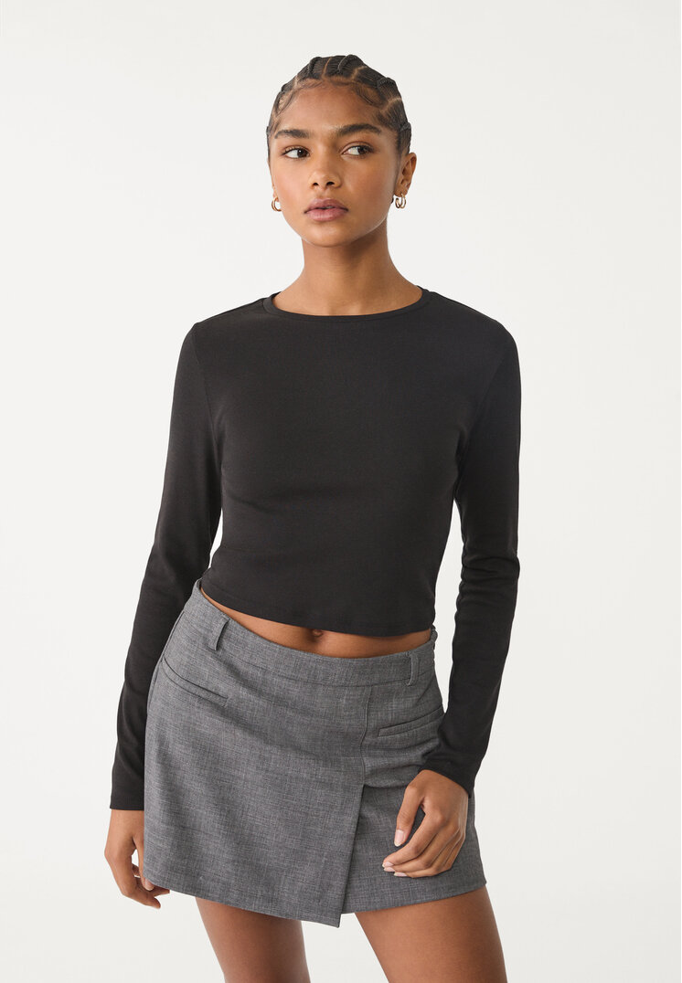 Stradivarius Tricou Cropped Din Bumbac Cu Mânecă Lungă Negru L