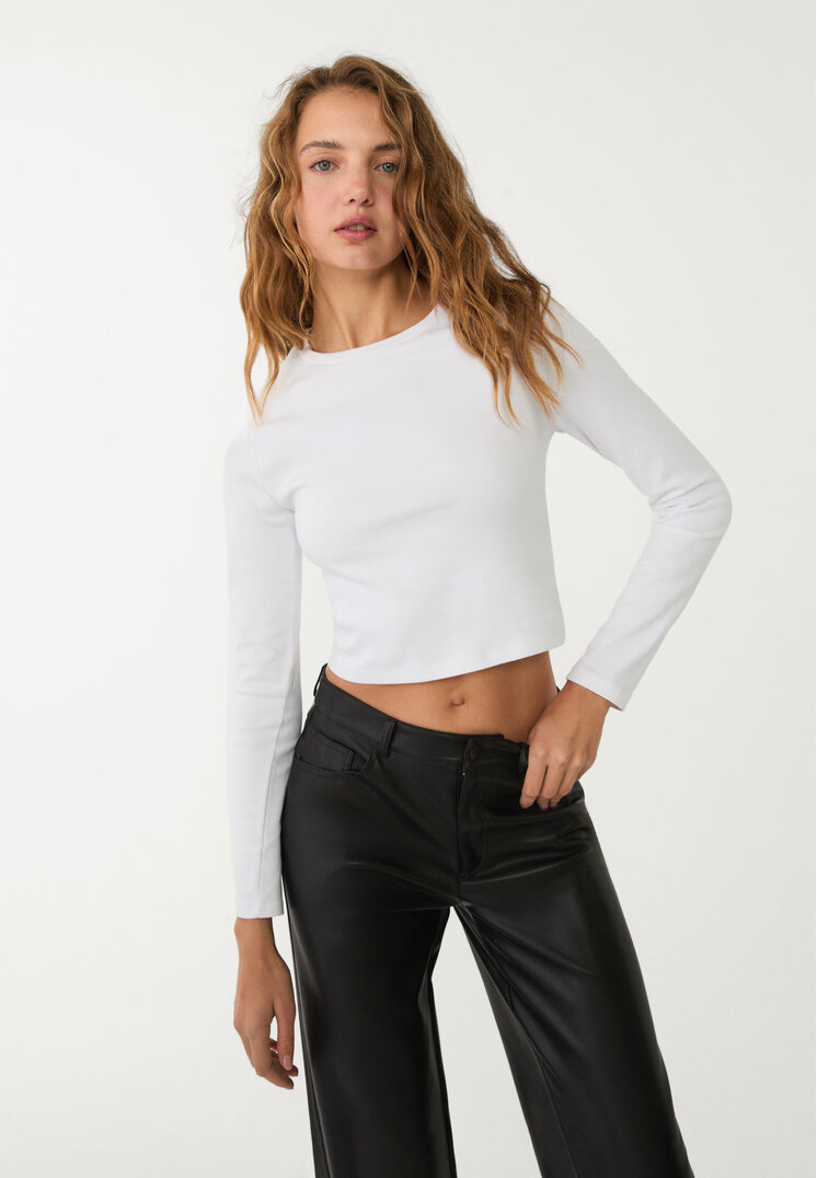Stradivarius Tricou Cropped Din Bumbac Cu Mânecă Lungă Alb L