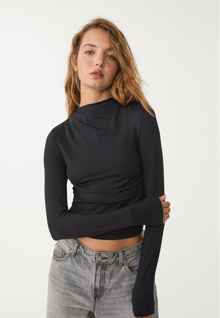 Stradivarius Tricou Mânecă Lungă Fronseu Negru M