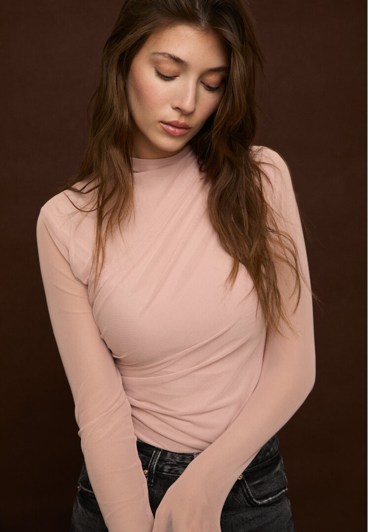 Stradivarius Body in tulle effetto arricciato Rosa cipria XS