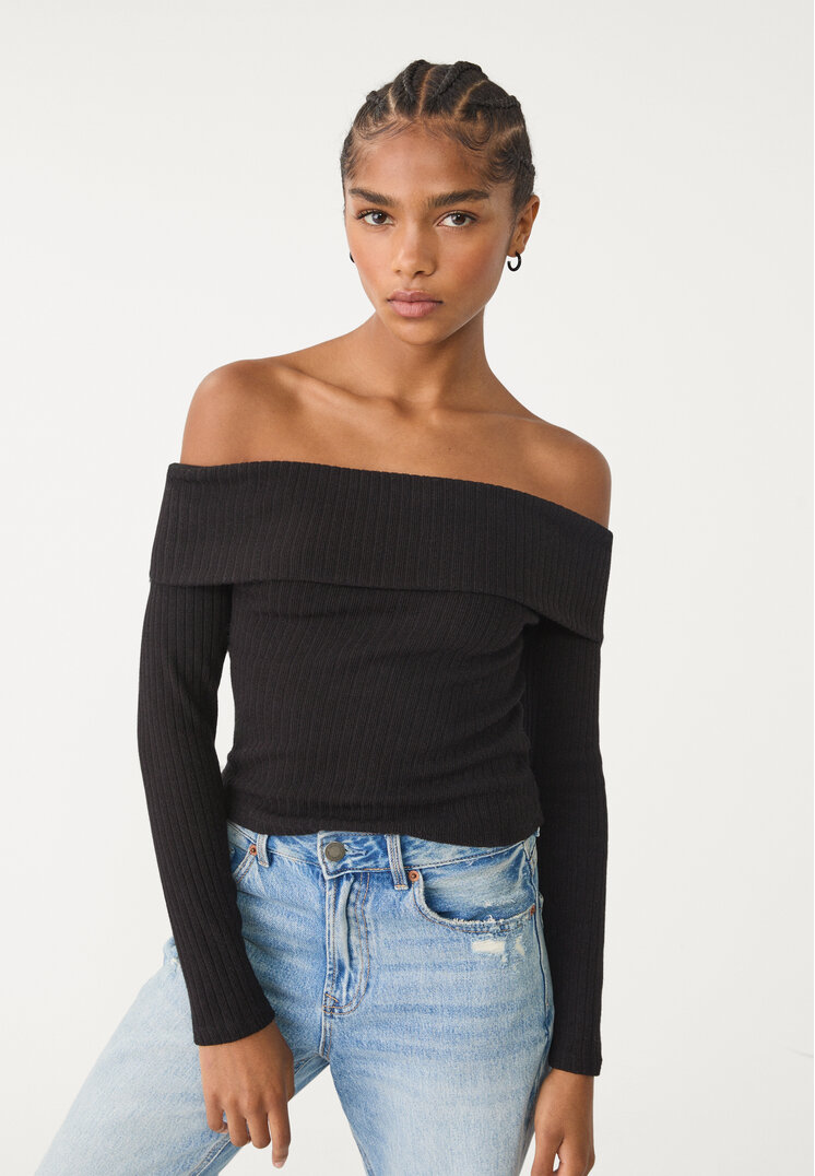 Stradivarius Tricou Cu Umeri Goi Negru S