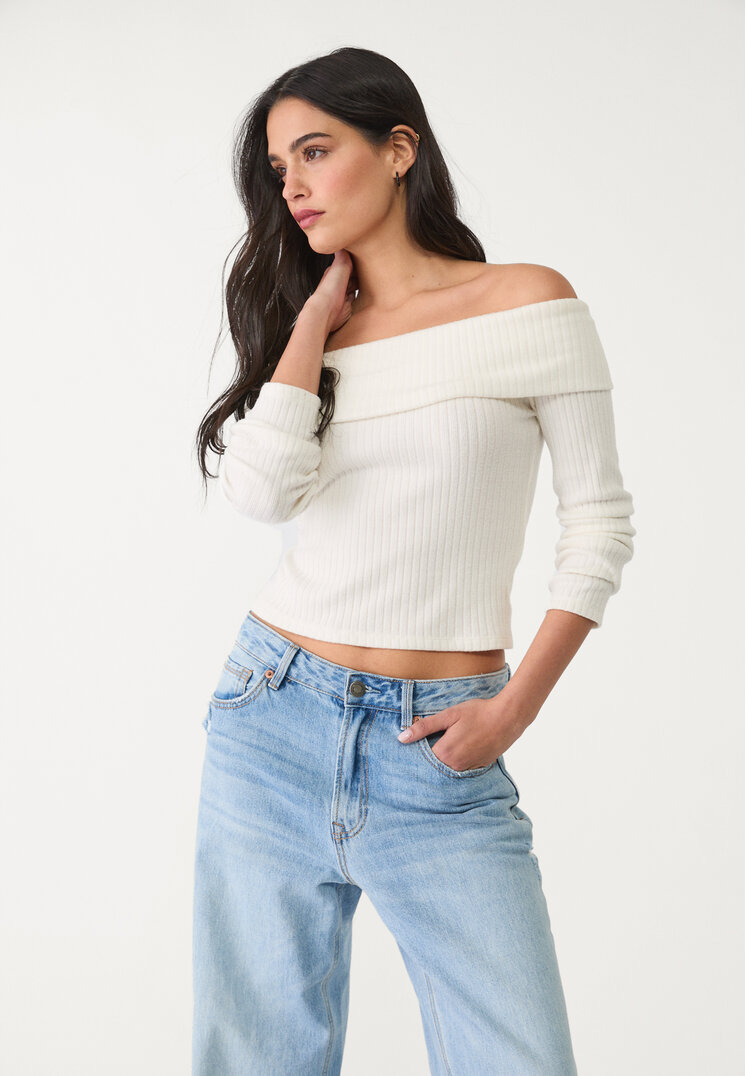 Stradivarius Tricou Cu Umeri Goi Ecru M