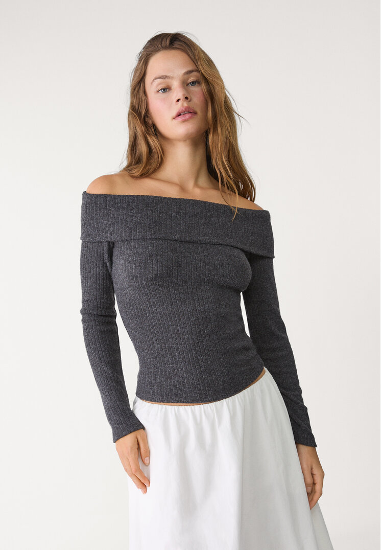 Stradivarius Tricou Cu Umeri Goi Gri Închis Xl