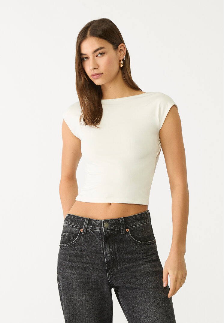 Stradivarius Tricou Cu Spatele Gol Ecru M
