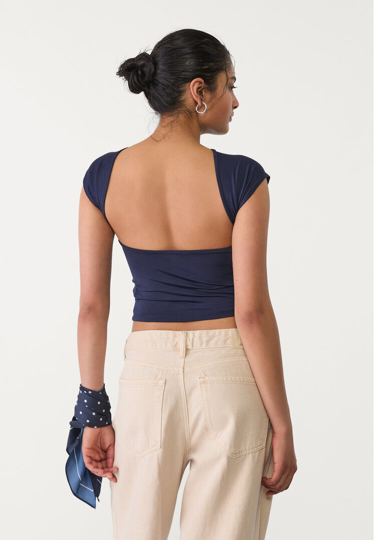 Stradivarius Tricou Cu Spatele Gol Albastru Închis M