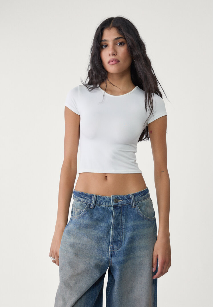 Stradivarius Tricou Simplu Din Poliamidă Ecru S