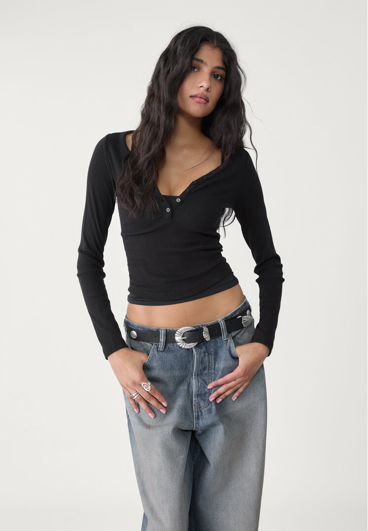 Stradivarius Tricou Cu Nasturi Negru Xs