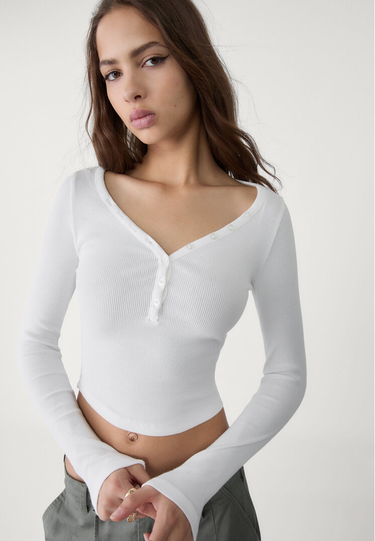 Stradivarius Tricou Cu Nasturi Alb L