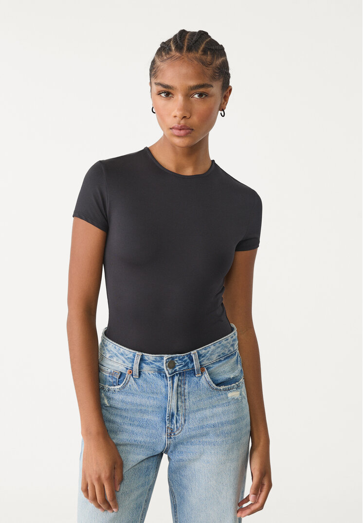 Stradivarius Body Din Poliamidă Cu Mânecă Scurtă Negru Xs
