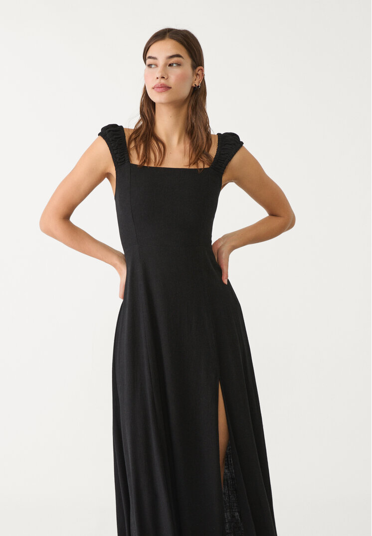 vestido fluido midi cruzado espalda con lino