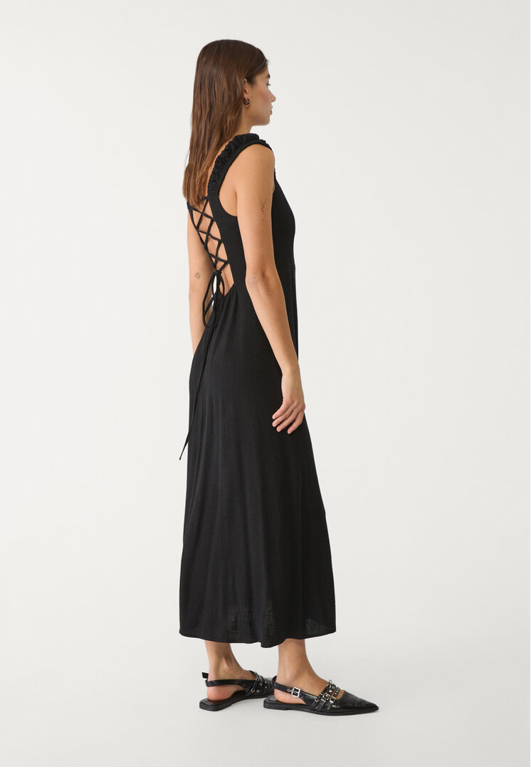vestido fluido midi cruzado espalda con lino