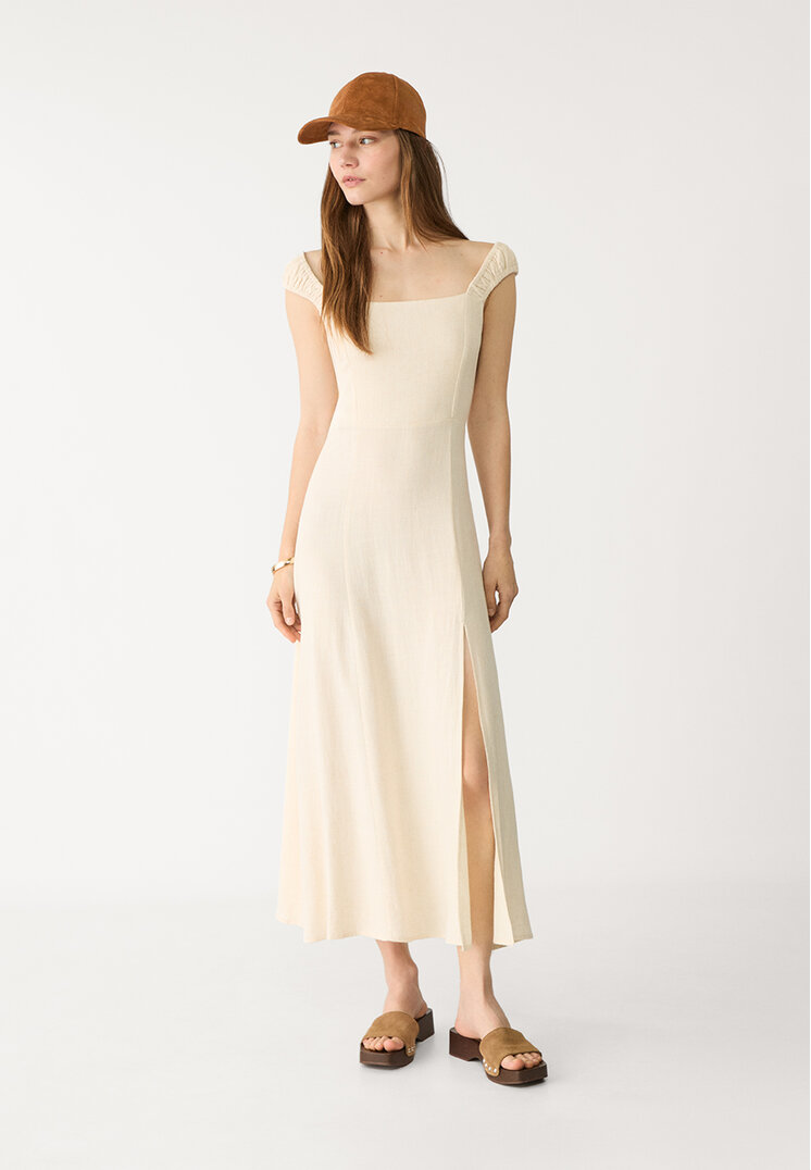 vestido fluido midi cruzado espalda con lino