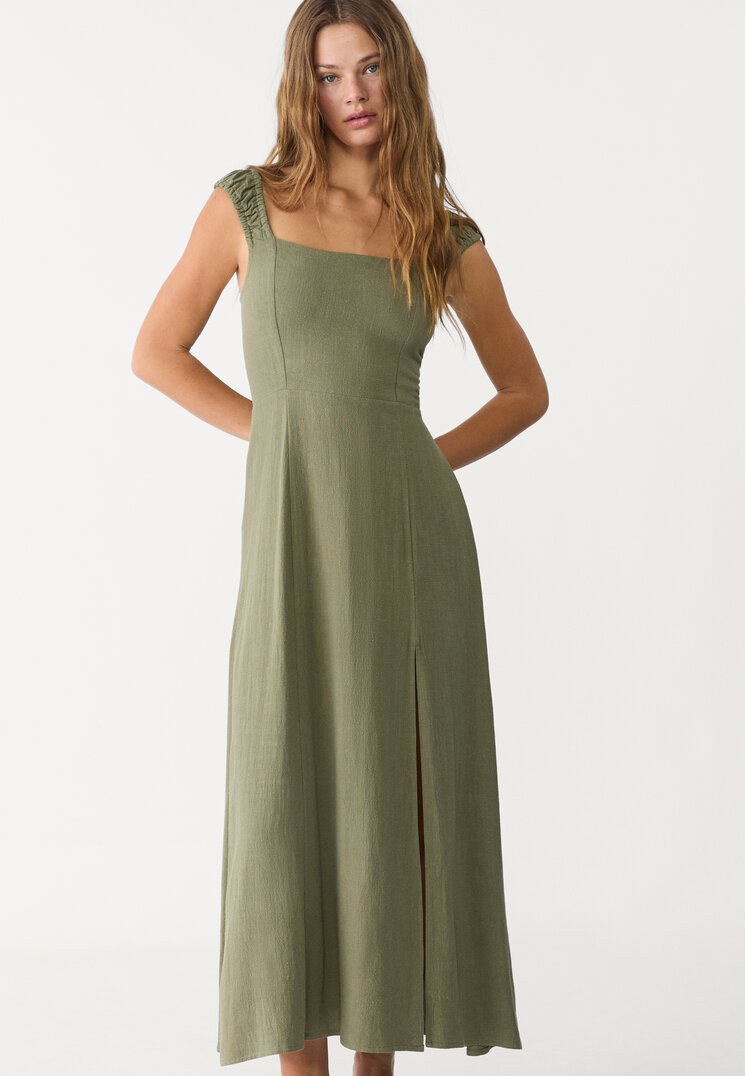 vestido fluido midi cruzado espalda con lino