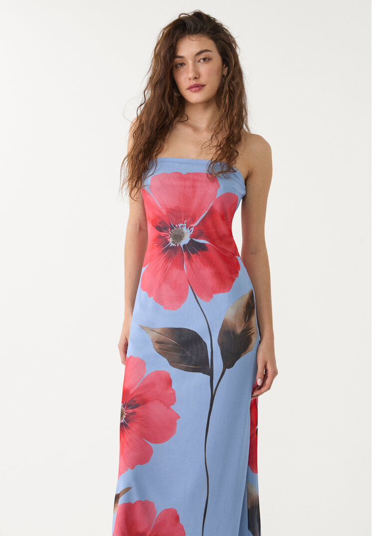 vestido largo bandeau tul estampado