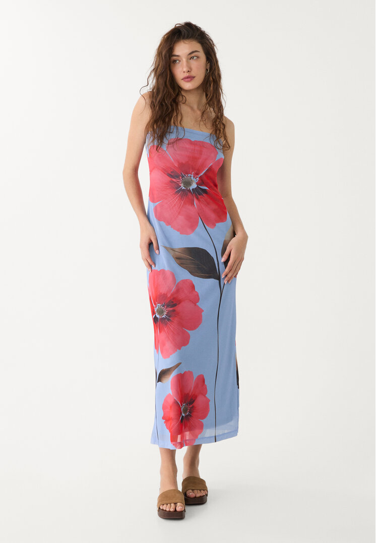 vestido largo bandeau tul estampado