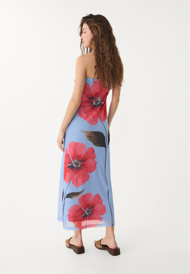 vestido largo bandeau tul estampado