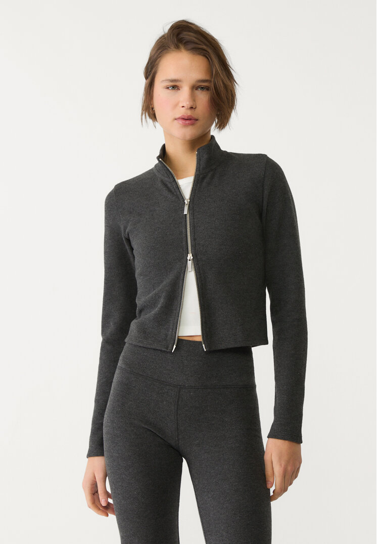 Stradivarius Jachetă Din Tricot Cu Fermoar Gri Închis Xl