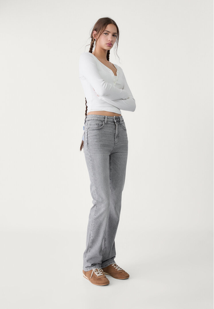 Stradivarius Blugi Straight Fit High Waist Comfort Denim Negru 38