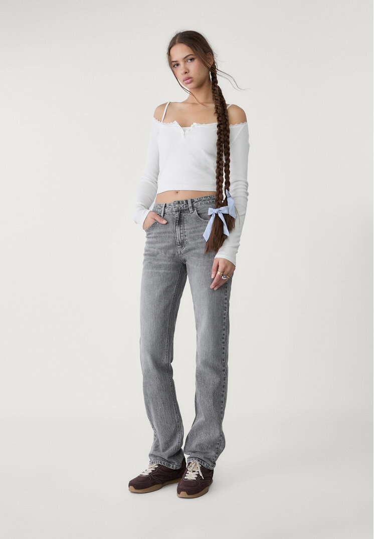 Stradivarius Blugi Straight Fit Regular Waist Comfort Denim Negru 32
