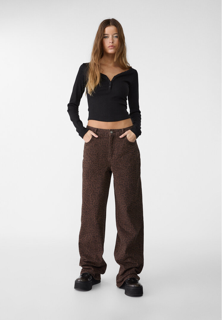 Stradivarius Blugi Baggy Cu Imprimeu Leopard Maro 38