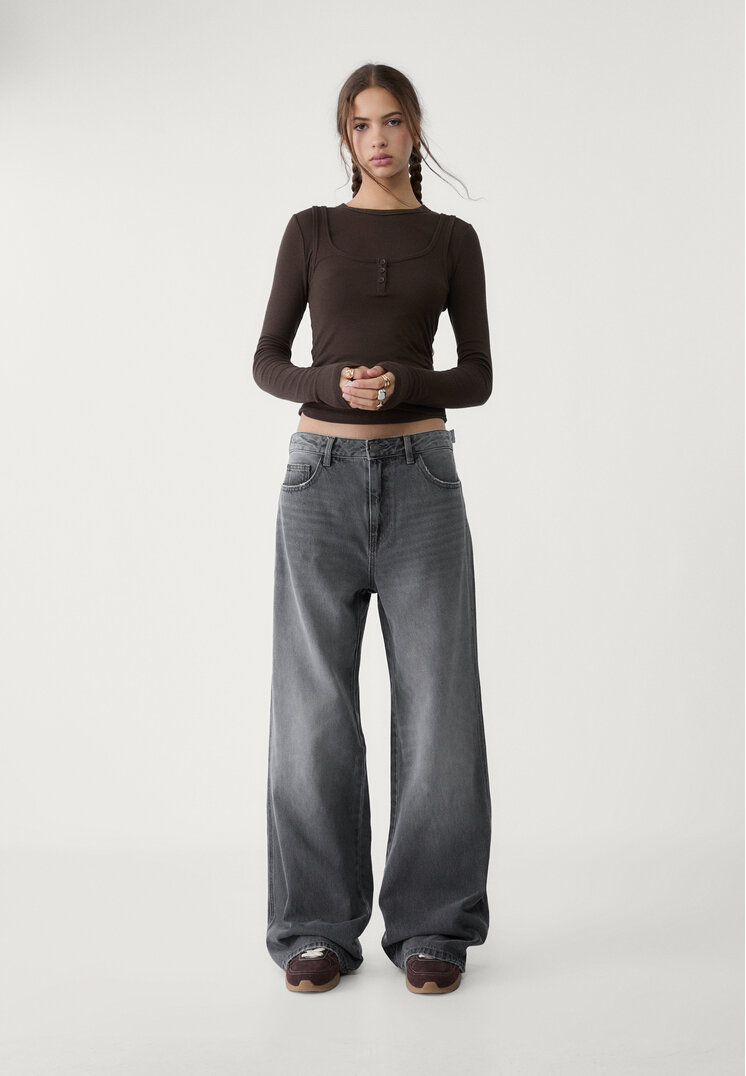 Stradivarius Blugi Baggy Denim Negru 36