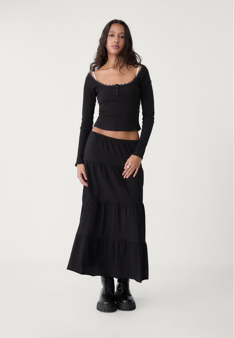 Stradivarius Fustă Fluidă Lungă Boho Negru S