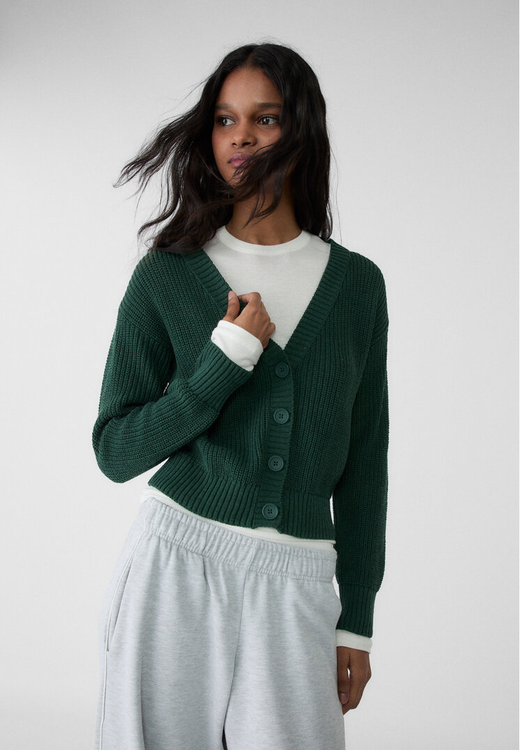 Stradivarius Jachetă Din Tricot Cu Nasturi Verde Închis L