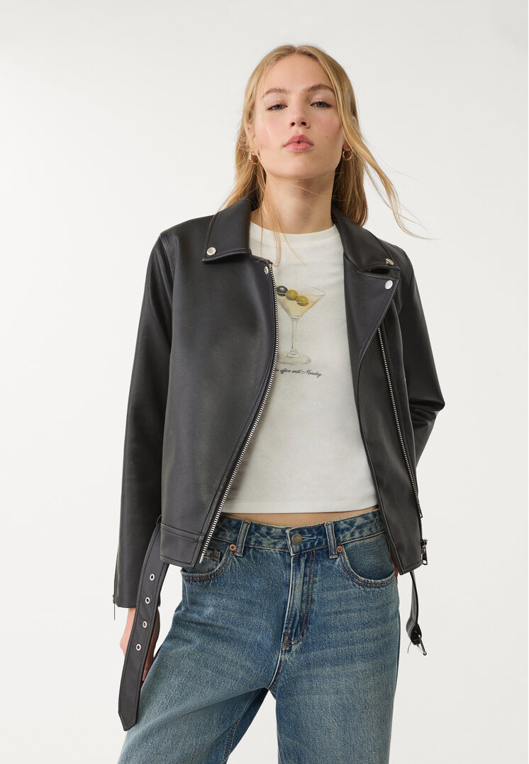 Stradivarius Geacă Biker Din Imitație De Piele Negru Xl