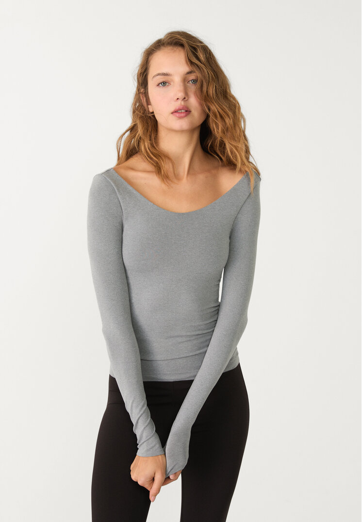 Stradivarius Tricou Seamless Cu Mânecă Lungă Gris Amestec Xs