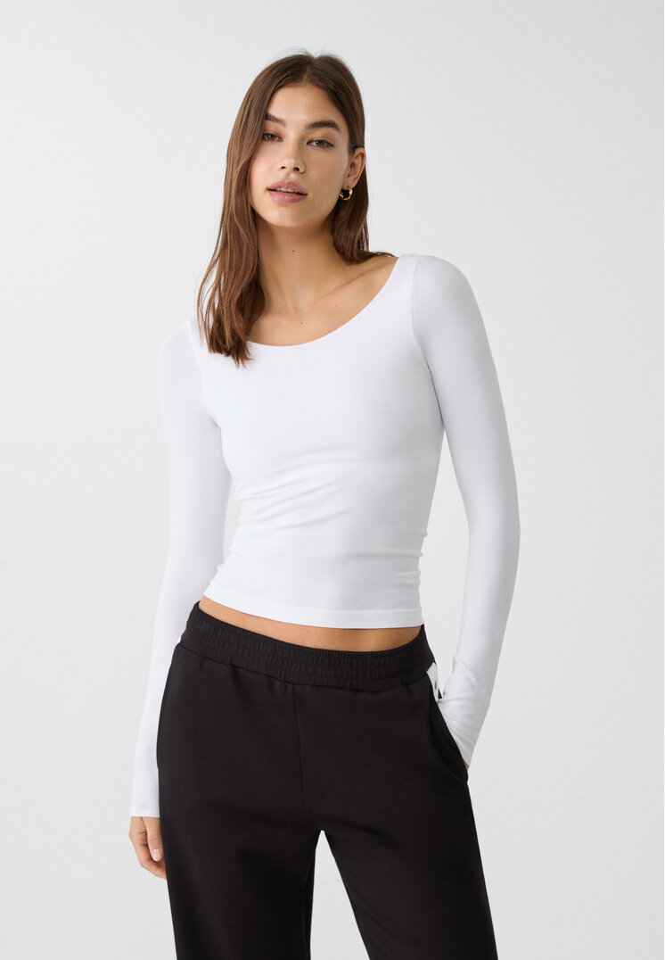 Stradivarius Tricou Seamless Cu Mânecă Lungă Ecru L