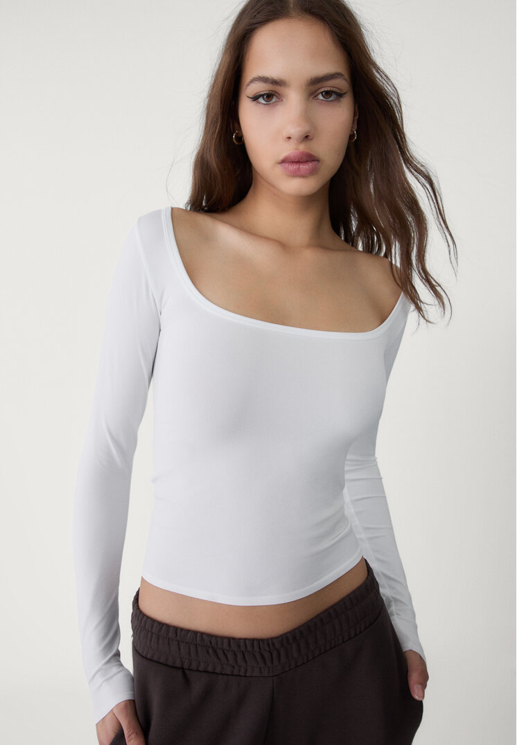 Stradivarius Tricou Seamless Cu Mânecă Lungă Alb S