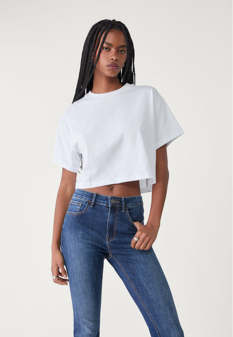 Stradivarius Tricou Oversize Crop Alb Xl