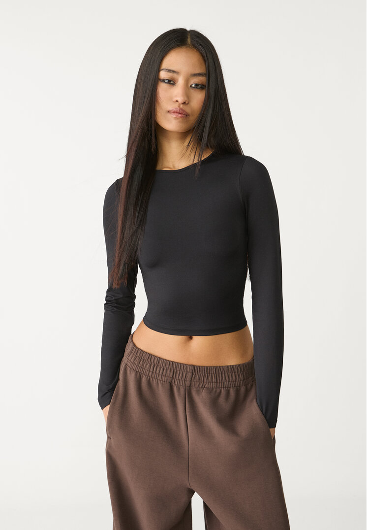 Stradivarius Tricou Din Poliamidă Cu Mânecă Lungă Negru S