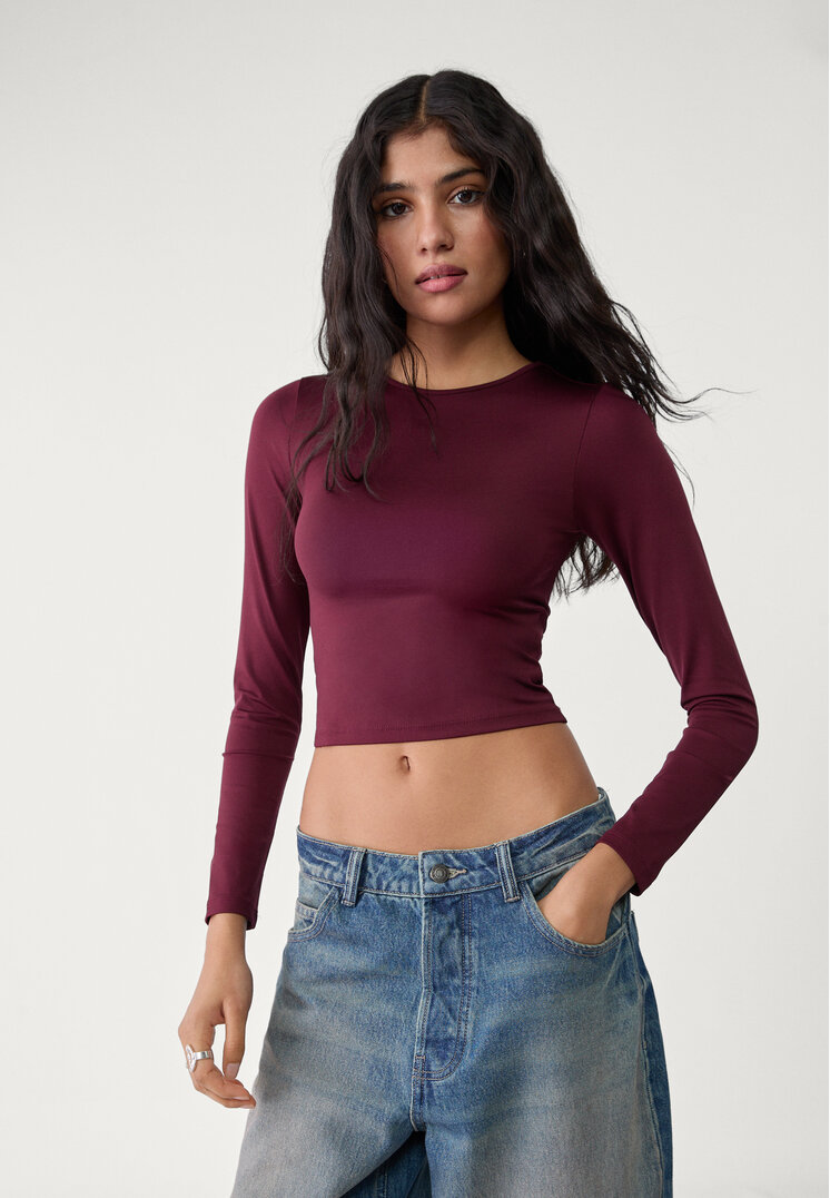 Stradivarius Tricou Din Poliamidă Cu Mânecă Lungă Grena S